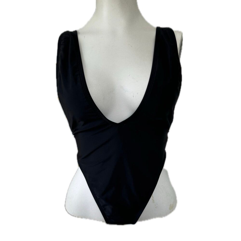 Fashion Nova Solid Black Plunge V Neckline Adjustable One Piece Swimsuit XS